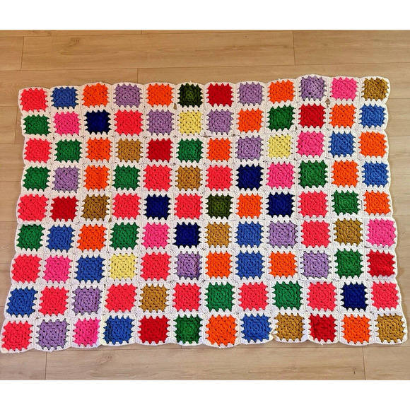 Vintage Rainbow Granny Square Afghan Blanket Crochet 70x50 Roseanne NEON - Picture 2 of 5